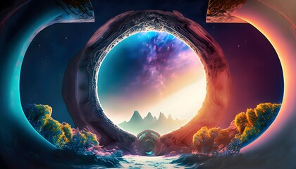 Wallpaper space portals forming a celestial gateway to different worlds. The composition captures...