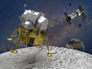 Moon landing on the `South Pole 2023, 3d rendered image with the Hubble space telescope, the earth, and the Apollo lunar. Landing on the South Pole moon mission 2023. © Webstudio 2Amigos