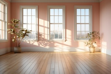 An empty room with three window, pink beige wall and wood floors, with golden light coming in and making beautiful shades. - obrazy, fototapety, plakaty