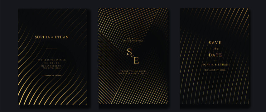 Naklejka Luxury gala invitation card background vector. Golden elegant wavy gold line pattern on black background. Premium design illustration for wedding and vip cover template, grand opening.