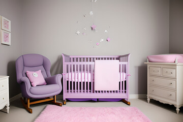Baby nursery room with pink chair, ornaments and cabinet