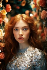 Portrait of a beautiful attractive red haired Caucasian woman in a sequin dress, in fantasy jungle filled with flowers.