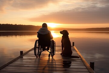 A woman in a wheelchair finds peace and solace in the warmth of a sunset with her dog, supported by the beauty of nature and companionship.