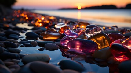 Fototapeta na wymiar At night, neon, beautiful, colorful, yellow, pink, green, red, white, blue, purple and transparent large pebbles stand on the beach, 