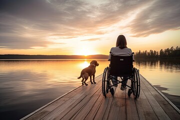 A woman in a wheelchair, accompanied by her faithful dog, takes solace in the glow of the sunset, enjoying the resilience and beauty of nature.