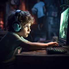 child in front of a computer screen with headphones playing a computer game in a dark room