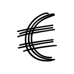 Symbol euro EUR currency scribble font in doodle scribble brush hand drawn style isolated on white background. For lettering, presentation, education, logo, signboard, branding, abc, alphabet.