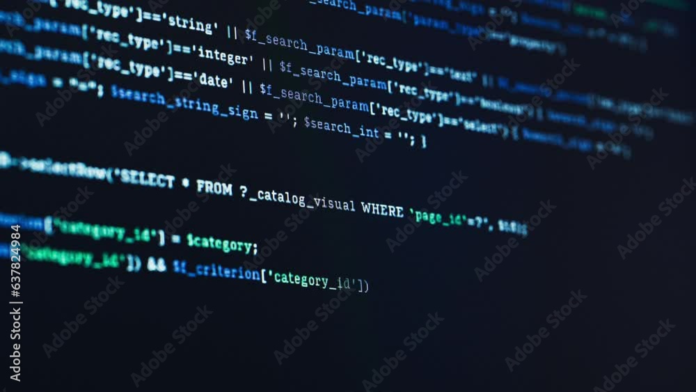 Aufkleber Macro Close Up on Laptop or Tablet Screen: Programming White Text Displayed on Black Background, Working Coding Terminal, Cyber Security Checkup, Monitoring Data, Statistics, Analytics of Database