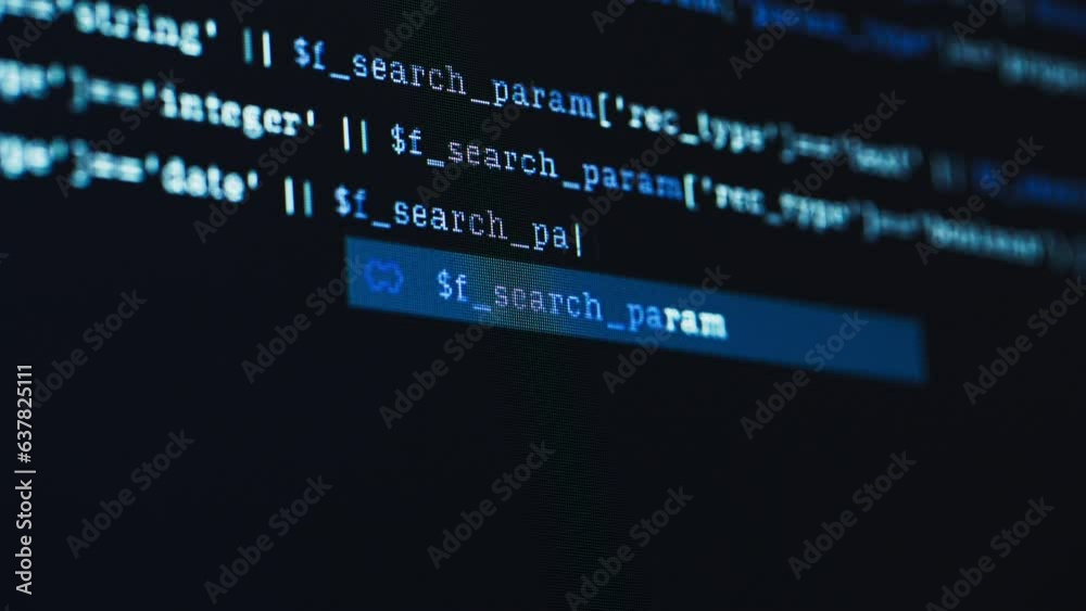 Poster Macro Close Up of a Digital Screen Displaying Programming Text: Working Coding Terminal, Cyber Security Checkup, Monitoring Data, Statistics, Analytics and Proper Functioning of Server Database