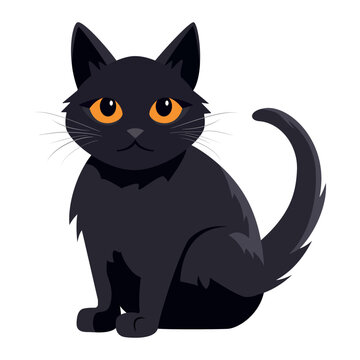 Cartoon sitting black cat. Vector illustration. Isolated on white background