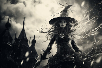  Monochrome Portrait of  the beautiful witch in black hat
