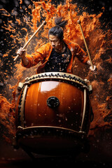 Japanese Taiko Drummer in Action - obrazy, fototapety, plakaty