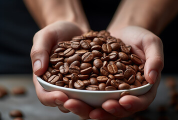 Hand holding coffee beans, Close up of fresh coffee beans for making coffee.