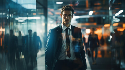 Handsome man in suit traveling in the city, building, blurred sunlight, blur effect.