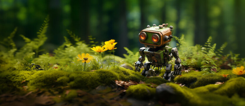 Little cute robot lost in a green forest, discovering the earth and exploring nature with curiosity, being surprised by beautiful yellow flowers