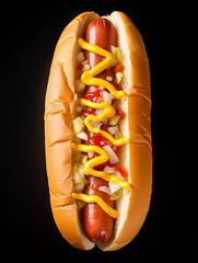 Delicious hot dog with ketchup and mustard, isolated on black background