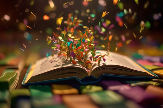 A book opened to a page that falling colorful papre