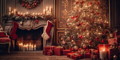 Fototapeta premium AI Generated. AI Generative. Merry Christmas Xmas New Year home interior architecture decoration background. Family cozy home party holiday eve night time