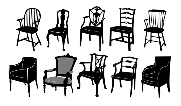 Collection of silhouettes of antique furniture..Diverse of chairs and armchairs on a white background. Retro interior. Vector images.