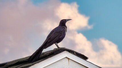 Grackle de cola grande o Zanate mexicano parado sobre la punta central de un tejado viendo al cielo 