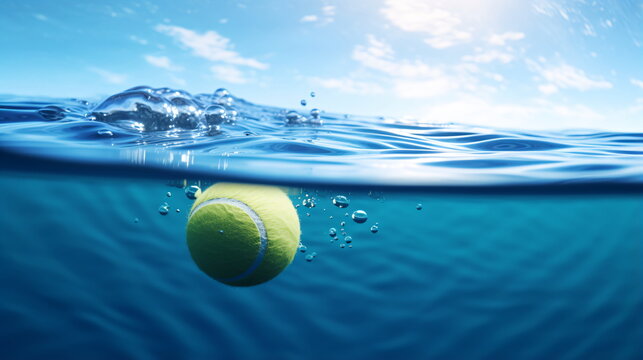 tennis ball floating on the surface of a swimming pool to absorb grease of solar cream. Tennis Ball Underwater, Swimming Pool, Generative ai