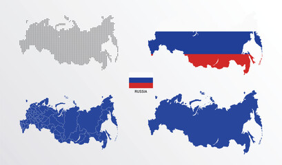 Set of political maps of Russia with regions isolated and flag on white background. Russia map blue color vector illustration.