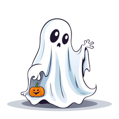 Vector illustration of Halloween levitating phantom ghost holding pumpkin. Halloween party concept. Mystical drawings for decoration, greeting card, poster, banner, logo. Spooky cartoon elements.