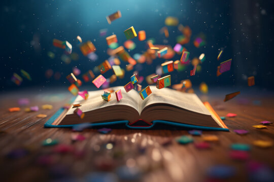 A book opened to a page that falling colorful papre