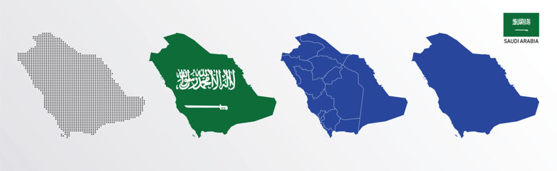 Set of political maps of Saudi Arabia with regions isolated and flag on white background. Saudi Arabia map blue color vector illustration.