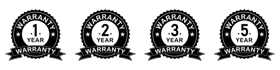 Set of warranty label sticker black and white color. 1, 2, 3, 5 years warranty label or seal flat icon set in black and white color vector illustration.