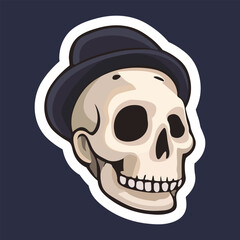 Halloween Skull sticker in hat in hand drawn style with white outline vector illustartion isolated on dark background. Vintage groovy skeleton with teeth. For sticker pack, decoration, slider, poster.