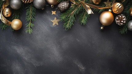 Festive and elegant Christmas themed background with gold and silver snowflakes, ornaments, pine cones, and bells, copy space 🎄🎁🎉 - Generative Ai