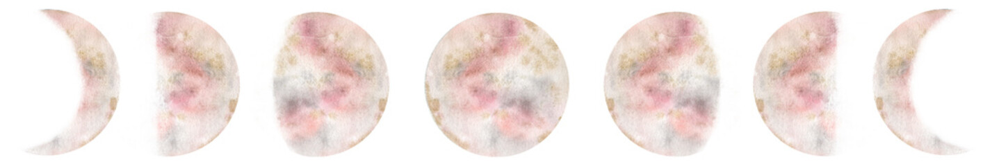 Various phases of pink moon. Watercolor illustrations on the topic of astrology and esotericism. Isolated. Minimalistic illustration for design, print, fabric or background.
