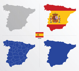 Set of political maps of Spain with regions isolated and flag on white background. Spain map blue color vector illustration.