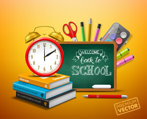 Back to school alarm clock, school blackboard, book pen vector watercolor scissors pen