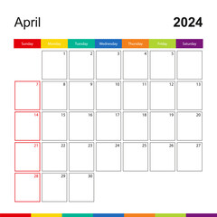 April 2024 colorful wall calendar, week starts on Sunday.
