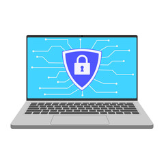 Computer internet security. Traffic encryption, VPN, privacy antivirus protection hack, blue background shield, design, vector, flat style.