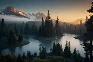 Wall murals Forest in fog sunrise over the mountains