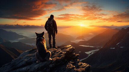 Hiker with Dog on Top of Mountain