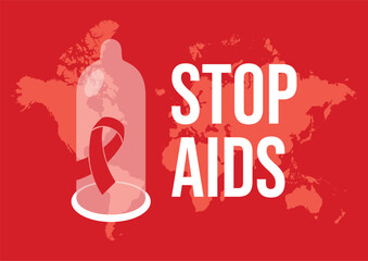 Stop AIDS poster with condom and red ribbon vector illustration. Red hiv aids awareness ribbon and sexual protection rubber condom icon vector