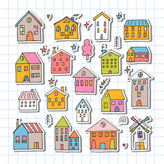 Set of coloured hand drawn houses. Collection of sketched buildings. Doodle style. Cute stickers