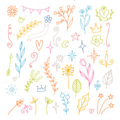 Fototapeta na wymiar Set of hand drawn floral design elements. Flowers, branches, ribbons, stars. Doodle. Rustic decor elements
