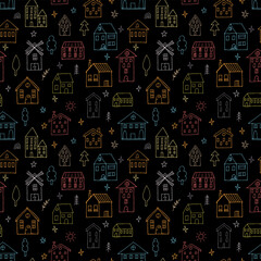 Seamless pattern with hand drawn houses. Doodle style. Buildings. Texture for fabric, wrapping, textile, wallpaper