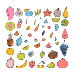 Set of hand drawn fruit and berries icons. Summer coloured fruit collection. Sketch, doodle