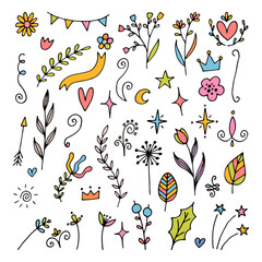 Set of hand drawn floral design elements. Flowers, branches, stars. Rustic decor elements. Doodle
