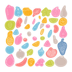 Set of hand drawn fruit and berries icons. Summer coloured fruit collection. Sketch, doodle style