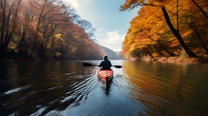 A kayaker floats down the river in the autumn forest 1 - obrazy, fototapety, plakaty
