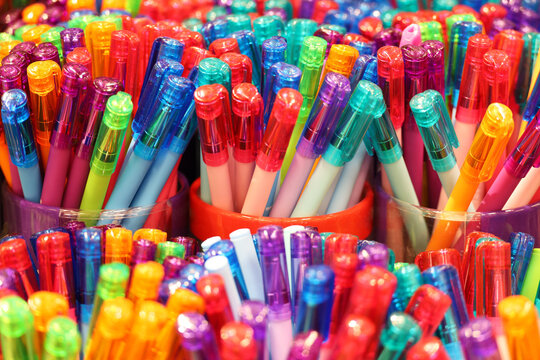 Colorful ballpoint pens in the stationery store, office supplies