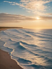 Vast Coastal Horizons. the coastline as it meets the endless ocean, with waves gently kissing the shore and sunlight casting a mesmerizing golden path. AI generated