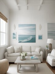 Fototapeta na wymiar Coastal-Inspired Living Room: A coastal-inspired living room features whitewashed walls, a plush linen sofa, and a weathered wooden coffee table. Ai Generated